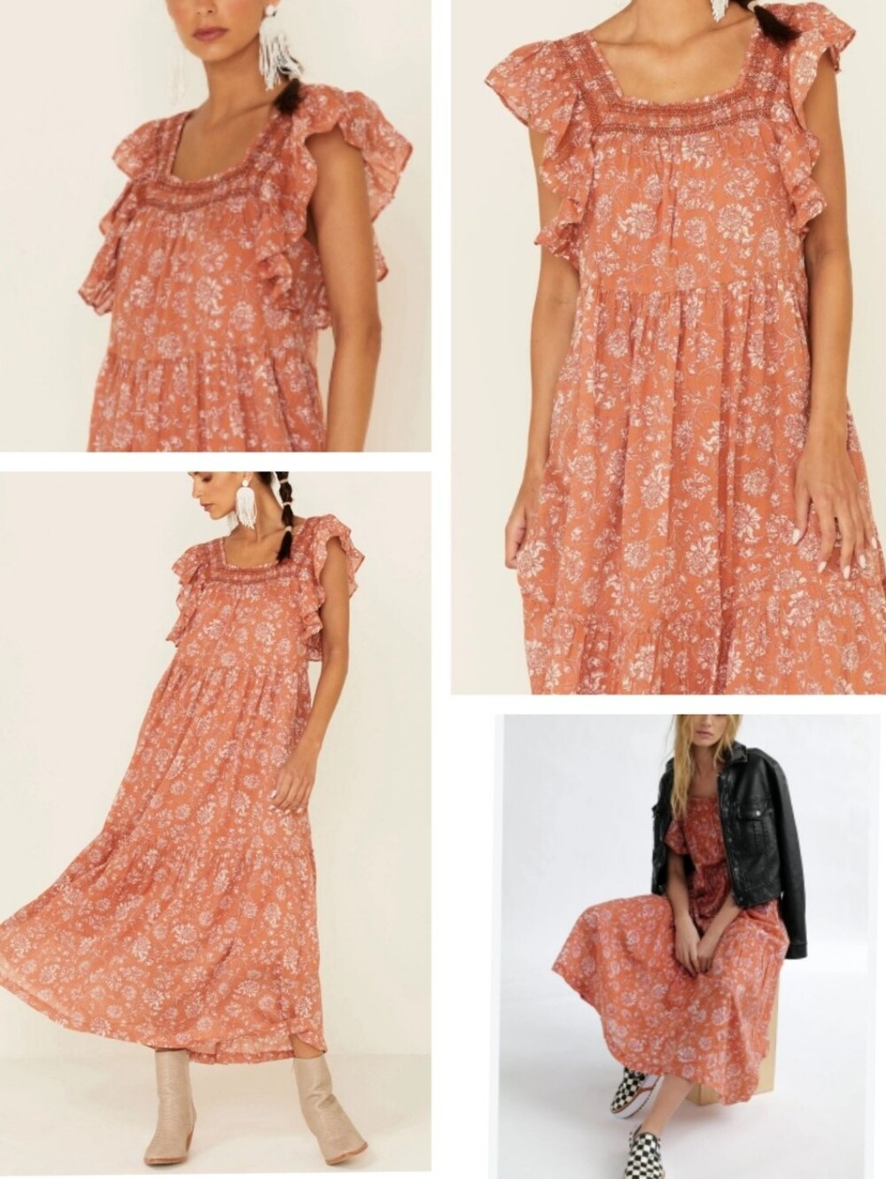 Free People Bonita Printed Midi Dress Coral Floral 100% Cotton Pockets Bohemian - Picture 17 of 17